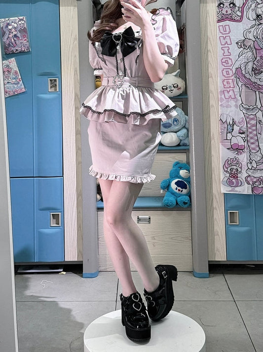 Refined Pink Ojou-sama with - Kei Ruffles Jirai Style Bodycon Dress Puff Elegant Waist