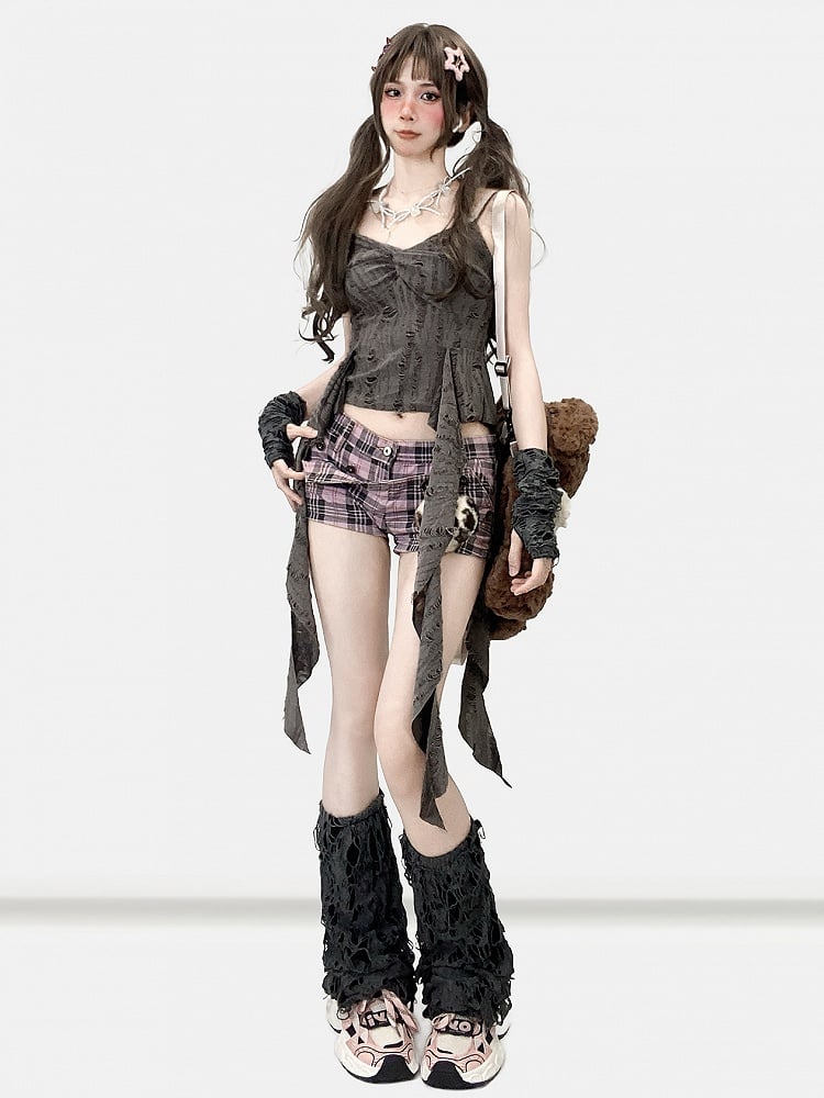 手袋 グレー ビタースイート アクセント トップ ラッフル カスケード + ディストレストディテール キャミソール