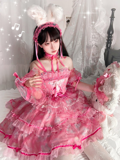 Süßes rosa Lolita-Kleid mit Schleife und Hasenstäbchen aus Satin