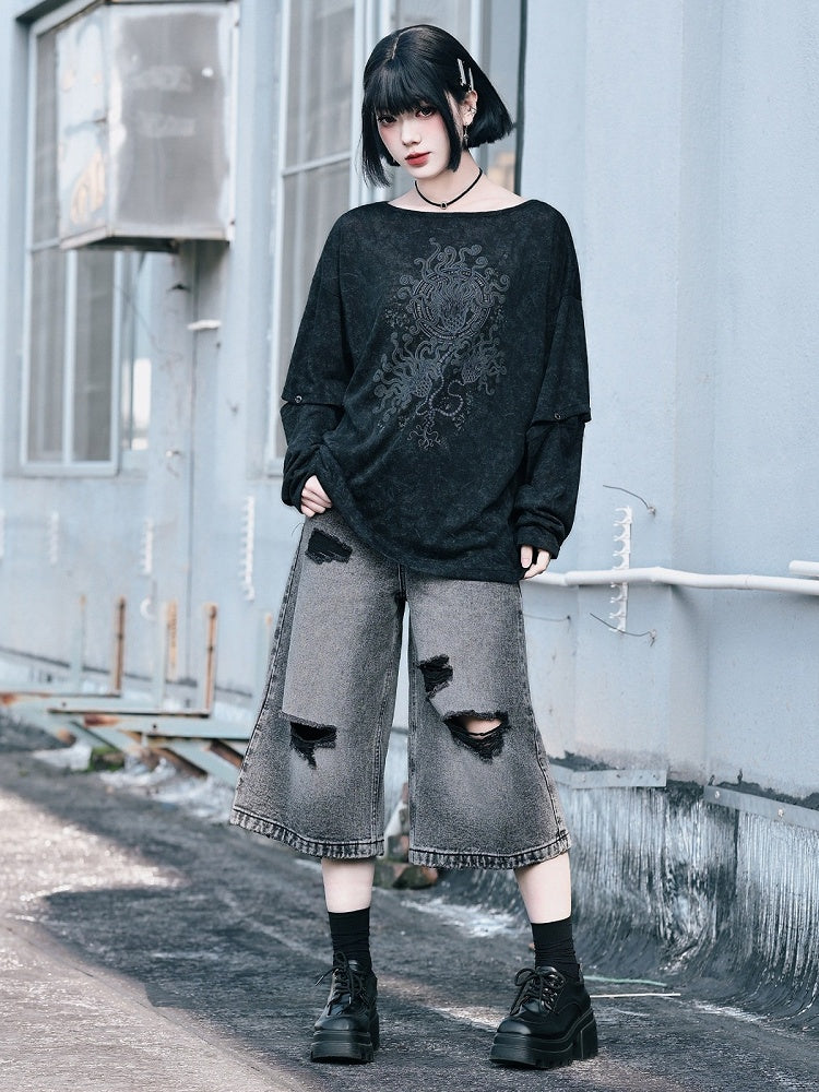 Distressed Denim Cropped Wide-Leg Pants - Quirky Hut