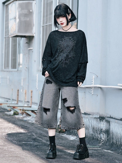 Distressed Denim Cropped Wide-Leg Pants - Quirky Hut