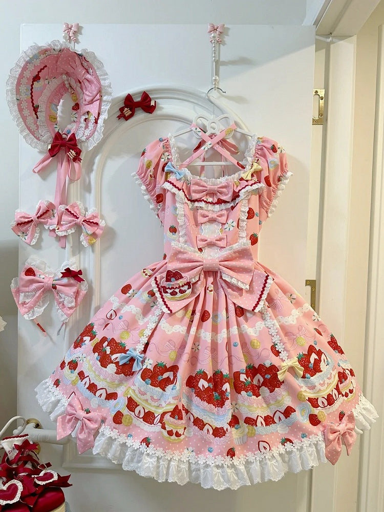 Kuchen Erdbeere Rosa Druck Ein Kurzes Süßes Stück Lolita Niedliche Kleid Ärmel