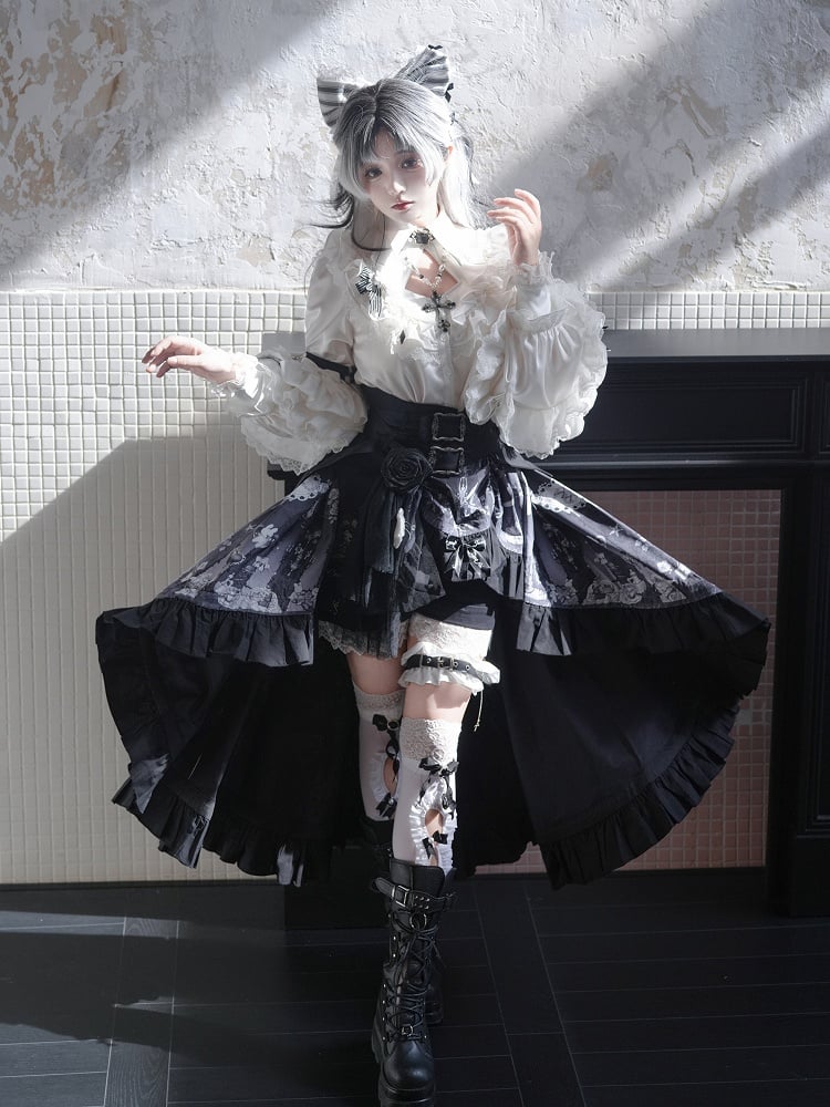Lolita High-low Skirt Outfit Vibes Black Belt Ouji Shorts Circus Print + Shirt Bunny Corset - White
