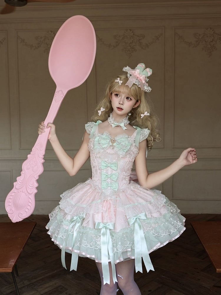 Pink & Green Multi-Layer Lace Lolita JSK Dress - Miss Han