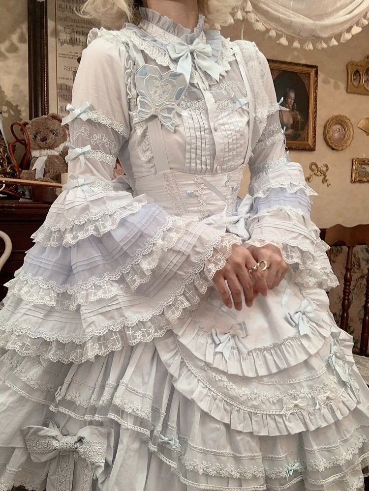 Kleid Büste Saum Rüschen Süße Akzente Schleife Lolita Lagen mit Blau Unter