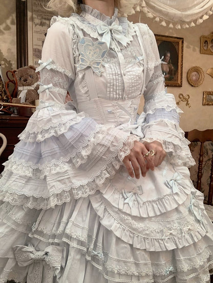 Kleid Büste Saum Rüschen Süße Akzente Schleife Lolita Lagen mit Blau Unter