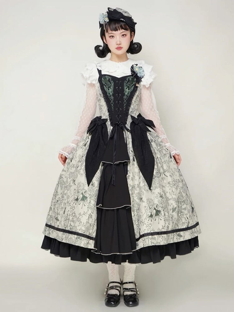 Green Forest Elegant with Print Animals Dress Lolita Bodice and Corset
