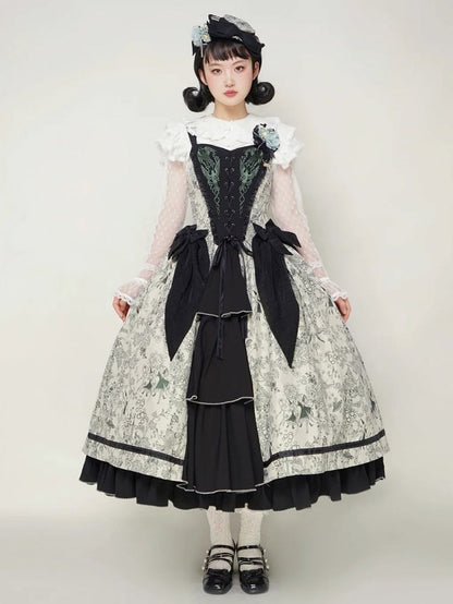 Green Forest Elegant with Print Animals Dress Lolita Bodice and Corset