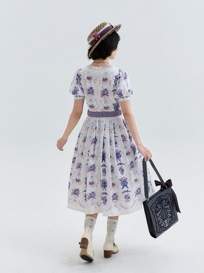 White-Purple Pansy Print Pleated Elegant Lolita OP Gown