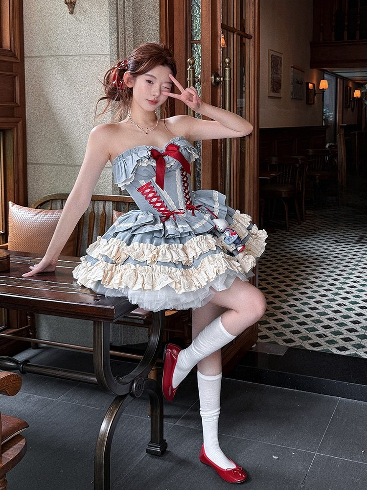 Blue Corset Lace-up + Skirt Set Bolero Top Boned Puffy Full