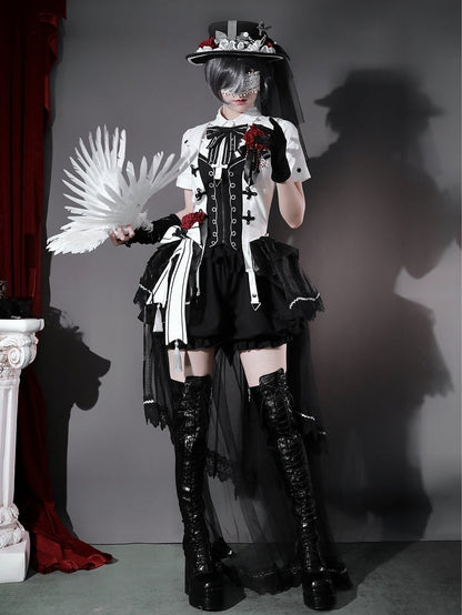 Ouji Accessories Lolita Hat Full + Rose Set Waistcoat Gothic Short Sleeves Aristocrat Shorts Shirt Bloomer