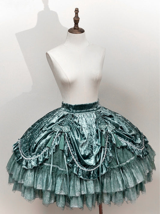 Green Gothic Lolita Velvet Tassel Knot Button Drawstring Skirt