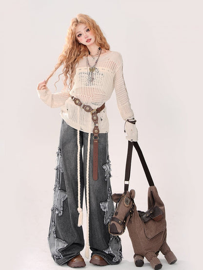Low Grey Waist Wide-Leg Jeans with Frayed Star Patchwork