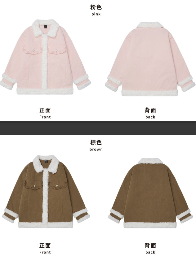 Dicke Jacke mit Polokragen und Plüschbesatz in Rosa/Kamel