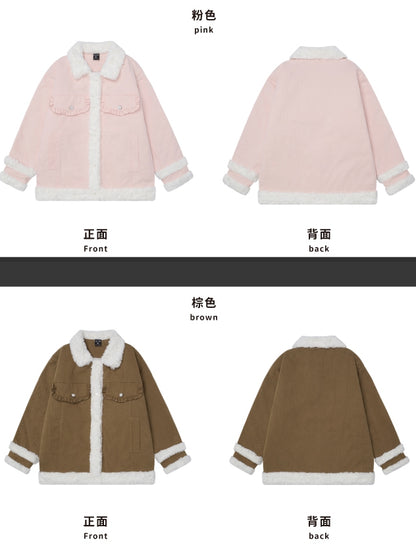 Dicke Jacke mit Polokragen und Plüschbesatz in Rosa/Kamel