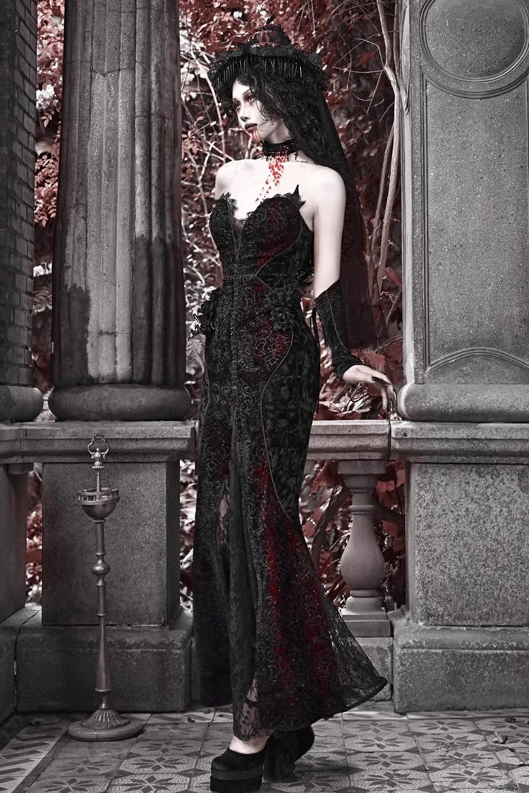 Black and Red Sleeveless High-Waisted Ruffle Lace Gothic Fishtail Dress