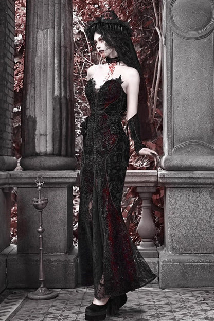 Black and Red Sleeveless High-Waisted Ruffle Lace Gothic Fishtail Dress
