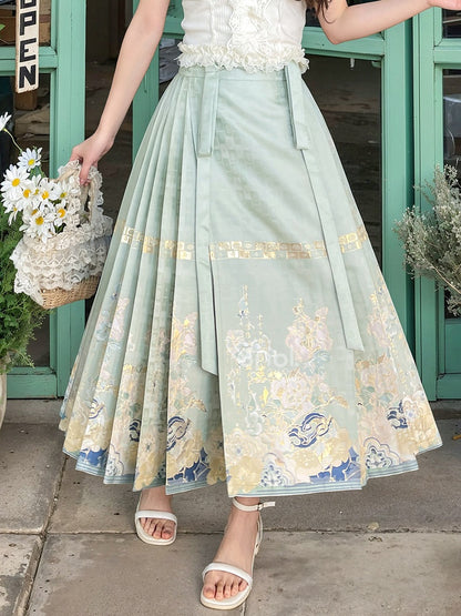 Cheongsam Jacquard Horse-face Embroidery Floral Style Skirt Green Pleated