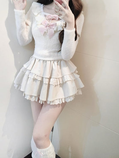Weißer Pullover mit Rüschenausschnitt, Cut-Out-Ärmeln, Stufenrock und rosa Schleifen-Set