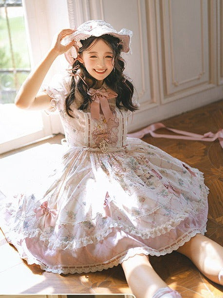 Sweet Lolita OP Dress Set with Puff Sleeves, Bear Print and Floral Embroidery - Treasure House