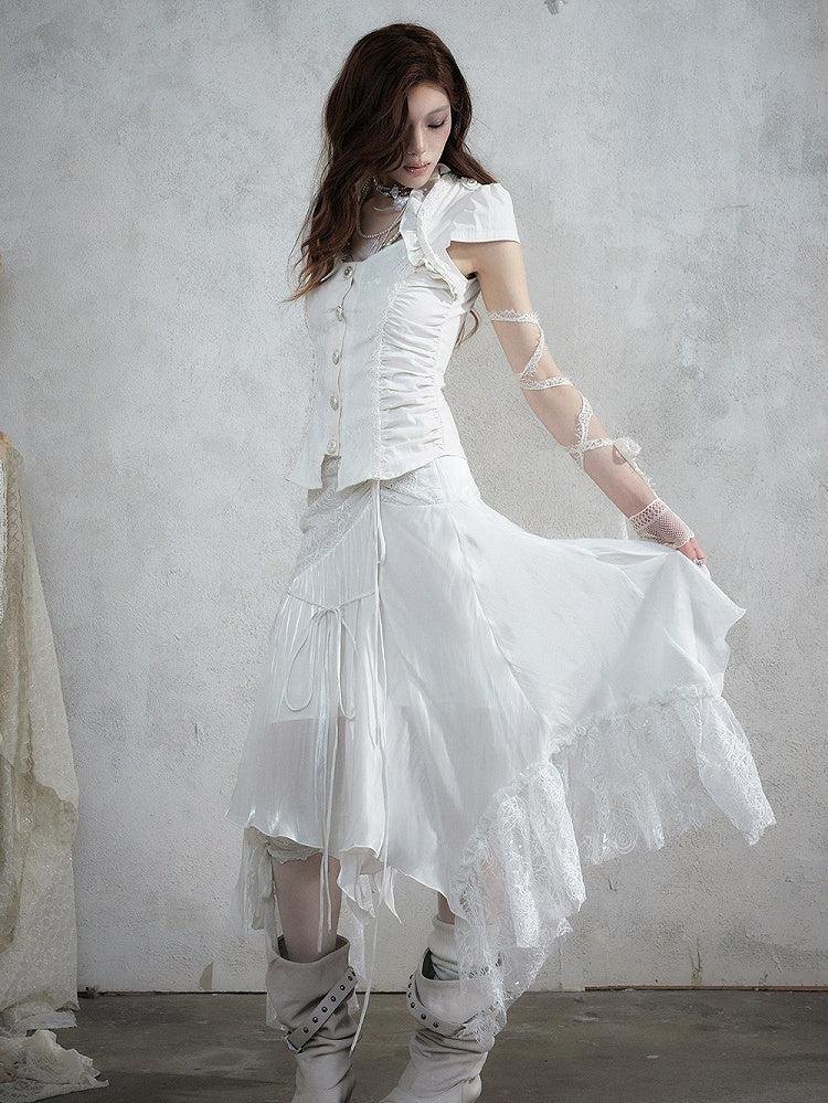 Punk Faux Two-Piece Short Sleeve Blouse in White with Lace and Ruffle Accents - NO ROMANCE