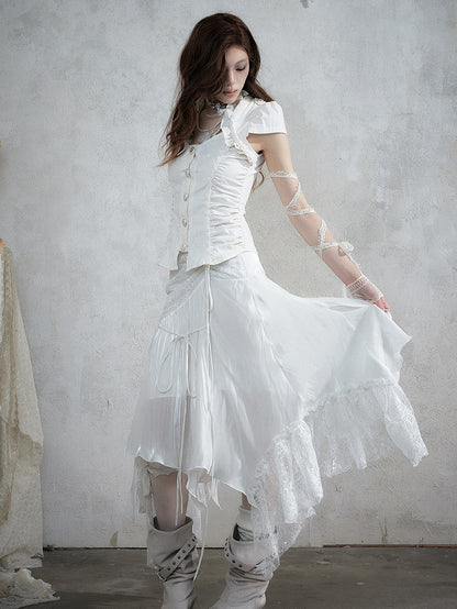 Punk Faux Two-Piece Short Sleeve Blouse in White with Lace and Ruffle Accents - NO ROMANCE