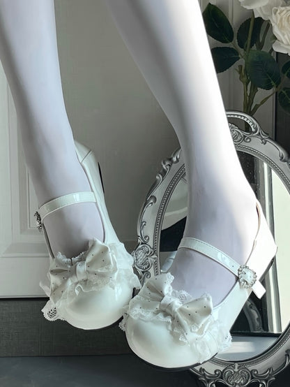 Round Toe White Mary Jane Flats - Dot Print Bow Accent, Lace Edging & Rhinestone Heart Closure