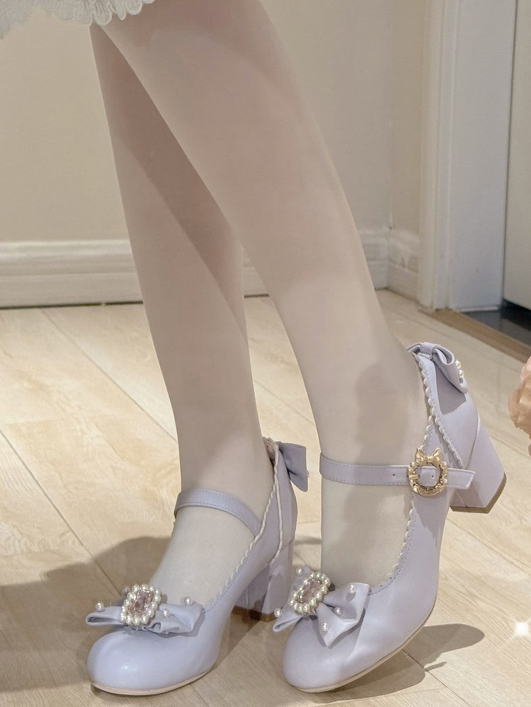 ジェーンズ ボウノット ロリータ ディテール ビーズ装飾 メアリー ラインストーン トゥ ラウンド シューズ パープル