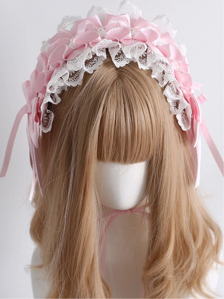 Pink Ribbon Lace Hairband with Accents White Ruffled