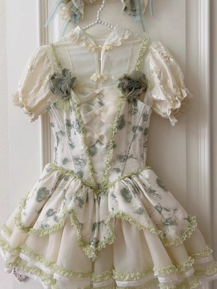 Layered Skirt Lace Green Trimmings Princess with Ruffles Floral-Print and Lolita Jumper