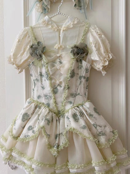 Layered Skirt Lace Green Trimmings Princess with Ruffles Floral-Print and Lolita Jumper