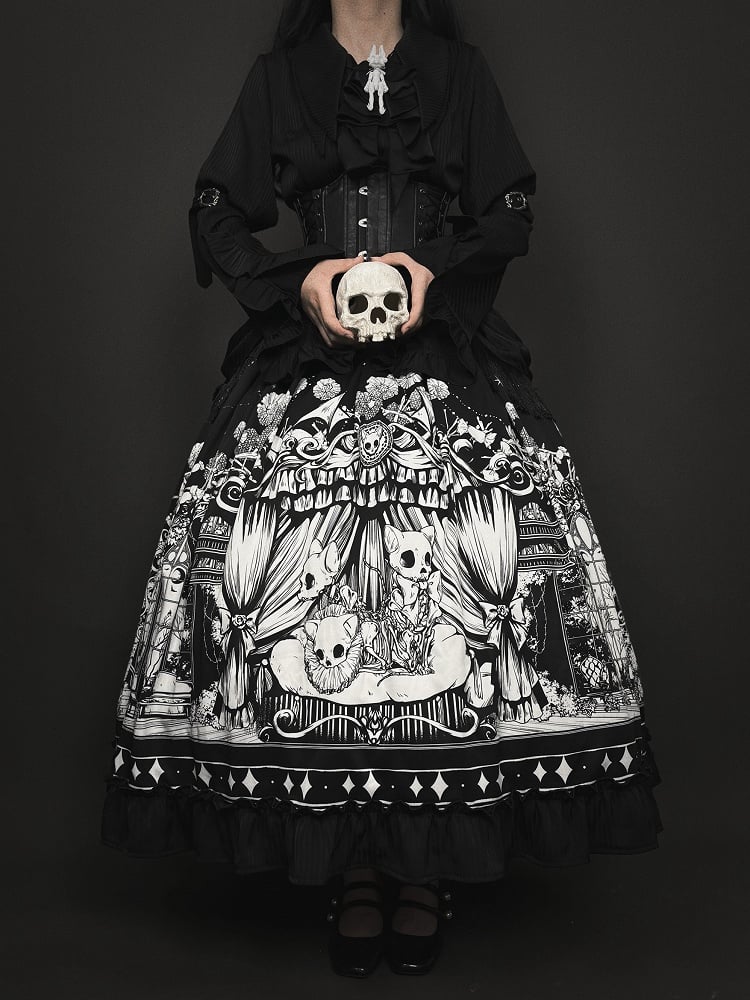 Sizes Cat Dark Plus Skeleton Black Lolita Available Skirt Print Gothic