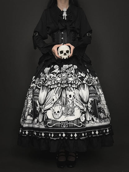 Sizes Cat Dark Plus Skeleton Black Lolita Available Skirt Print Gothic