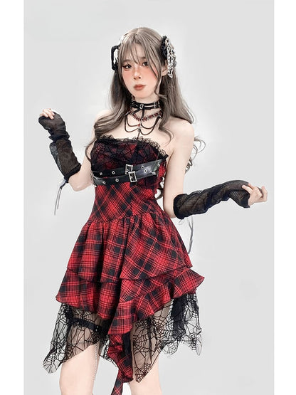Red Plaid Handkerchief Hem Buckle Straps Strapless Glamorous Punk Dress