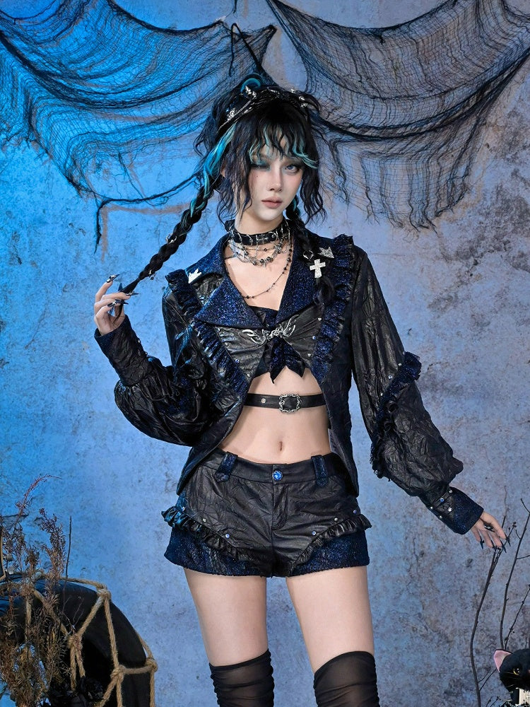and Style Jacket with Lace Punk Studs Rock Short Y3K