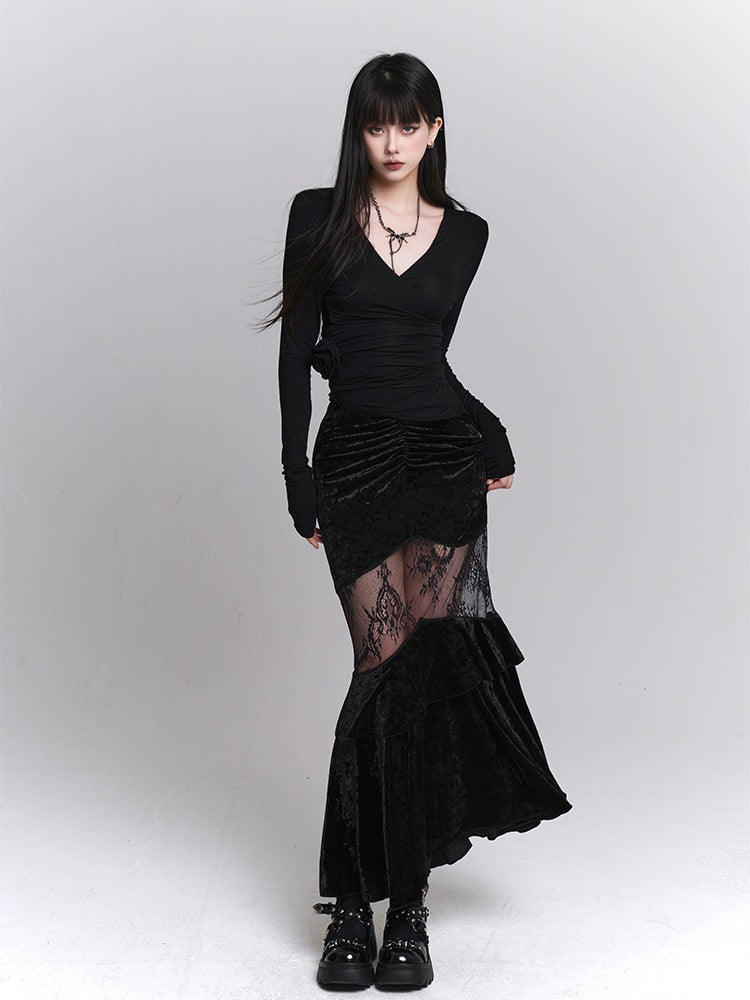 Gothic Black Velvet Contrast Lace Patches Ruched Design Mermaid Skirt