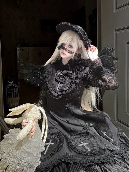 Decoration Ruffle Cross Beaded Lolita Hem Detail with Dress Lace Black and Gothic
