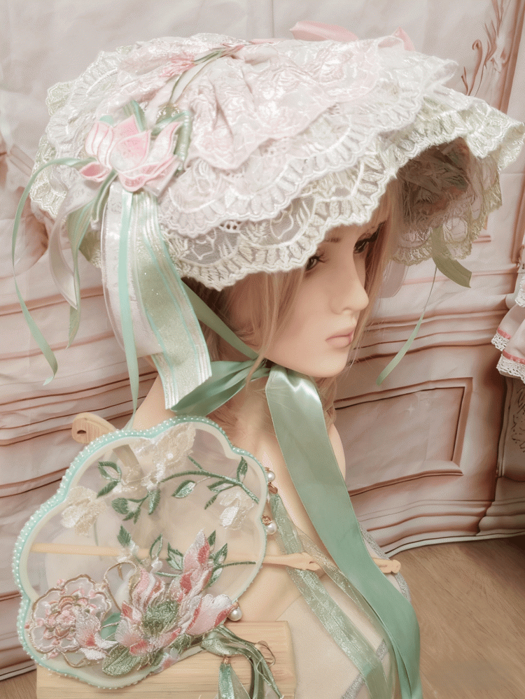 Lolita Embroidery Lotus Lace Hat Pink-Green Flat