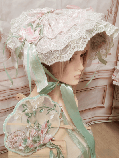 Lolita Embroidery Lotus Lace Hat Pink-Green Flat