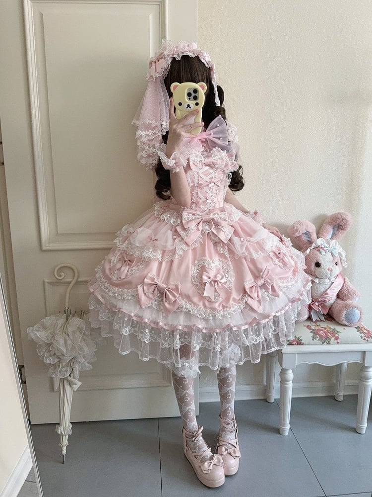 with Bow / Lace Cute Princess Full JSK Veil + Dress Lolita Big Pink Heart Doll-Style Details Set Train