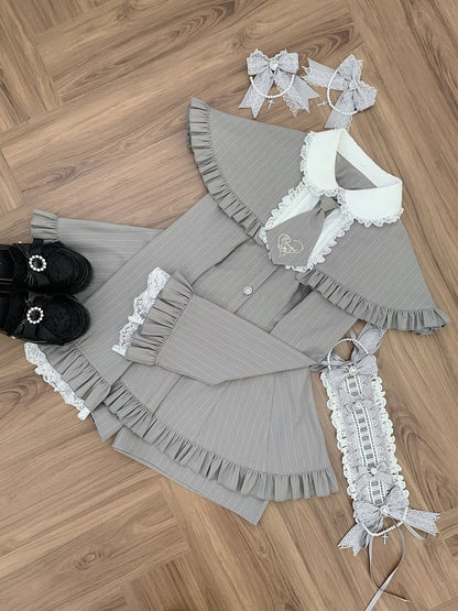 with Shorts Kei Tie Set: Jirai Bell-Sleeve Cape Detachable Mini Dress Gray Striped Matching