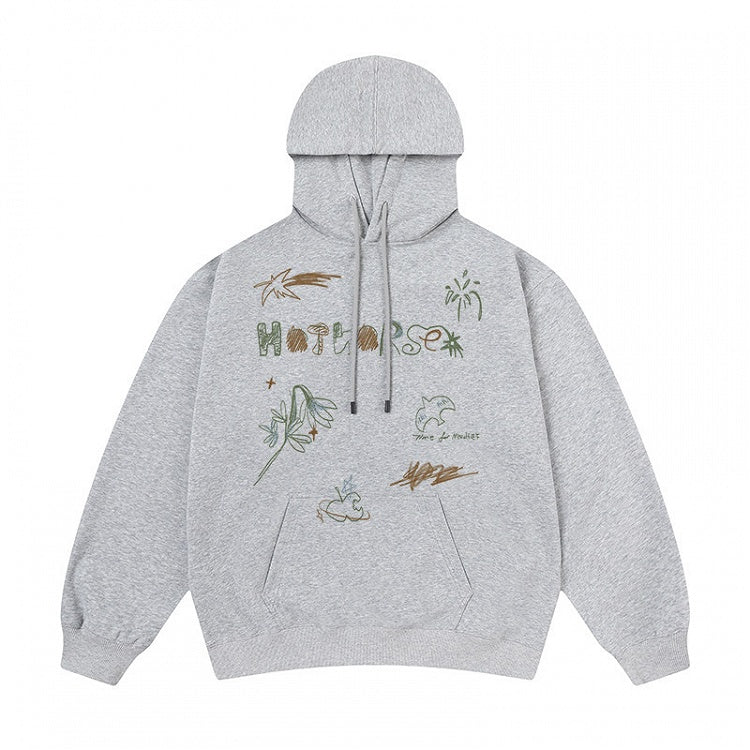 Pouch Vintage Cute Pullover Pocket Hoodie Hood Front Drawstring Print Gray -