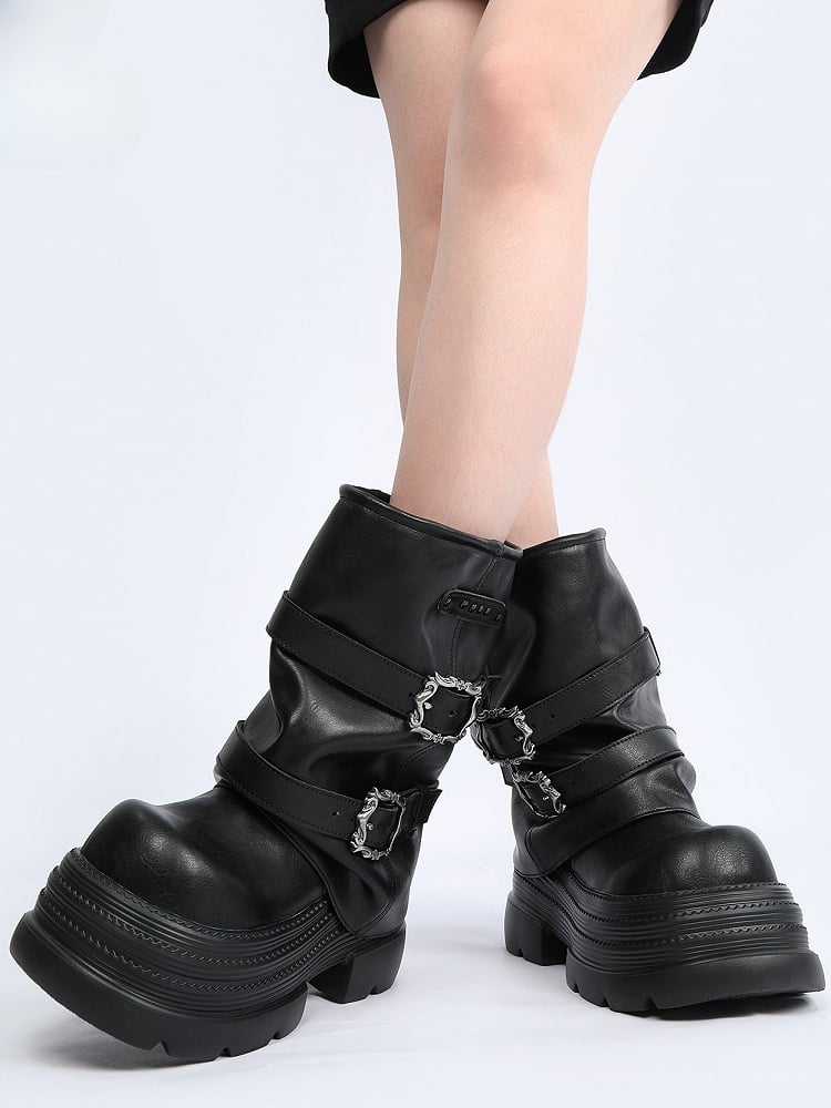 Black and Buckle with Boots Details Punk Studded Platform Stacked Accents