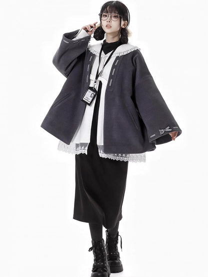 Black Detachable Shoulder Straps Overall Woolen Midi Skirt Asymmetrical Hem