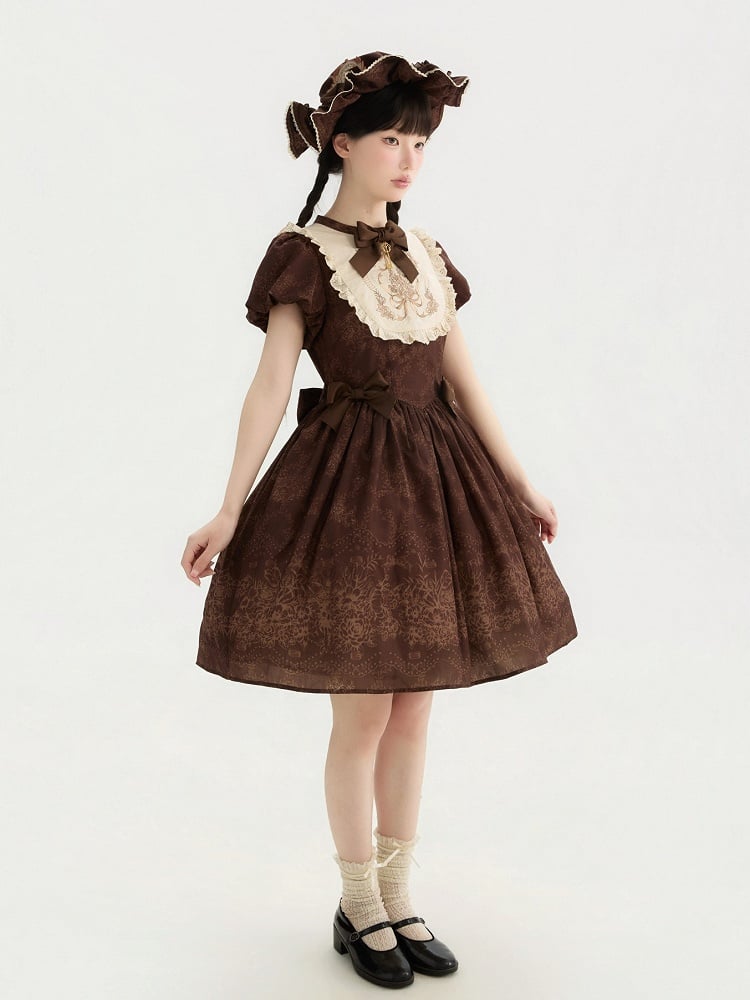 Piece Version Lolita Floral Bodice One Embroidery Classic and Brown Short Bowknot
