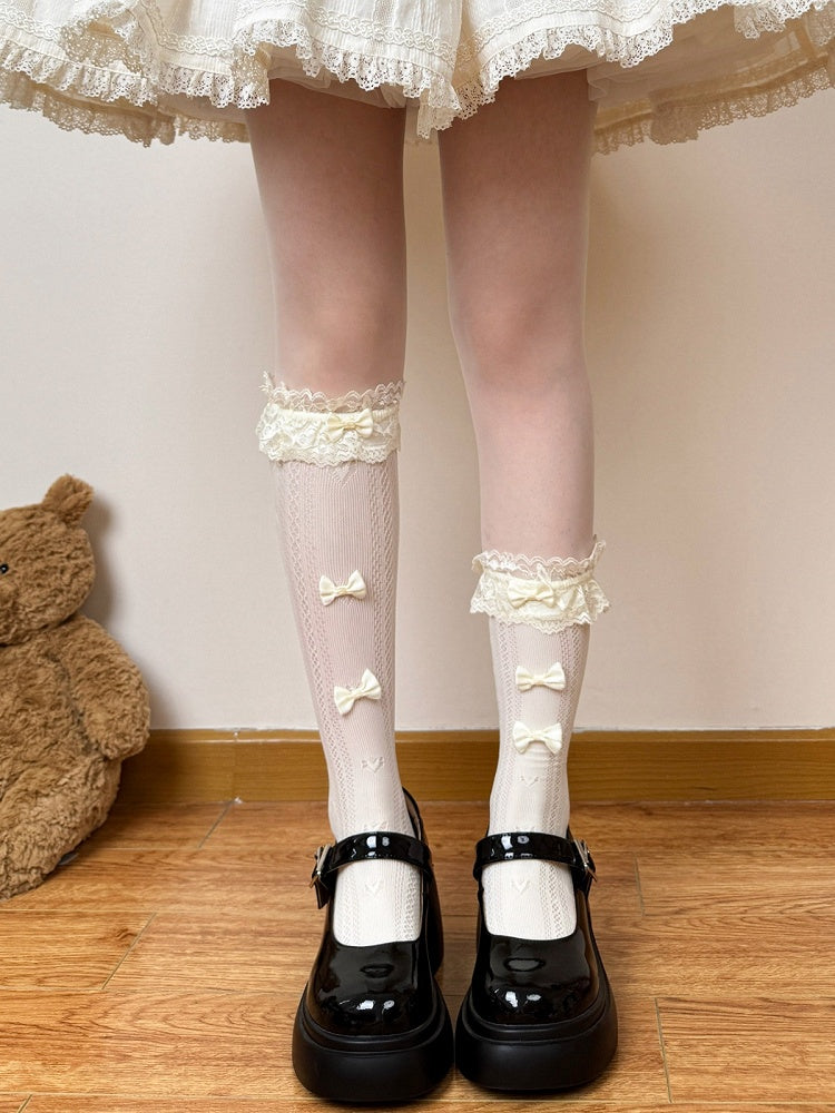 Lolita Calf Socks in Milk Yellow & White with Lace Trim & Bow Accents - Fat Bear Story