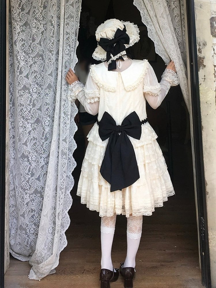 Timeless Beige & Black Lolita JSK Gown with Heart Waist Pouch and Delicate Lace - Miss Cube Dressworks