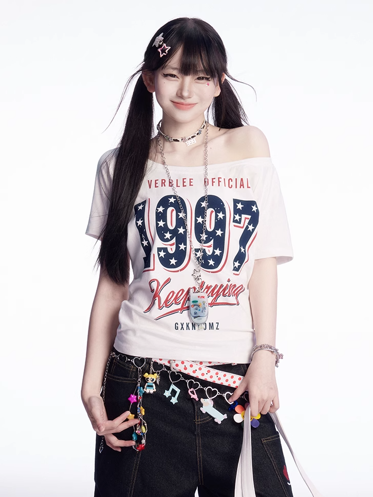 ホワイトネック ヴィンテージ ラウンド アシンメトリーネックライン ナンバープリント