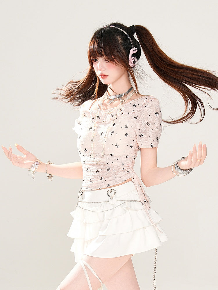 Asymmetrischer Ausschnitt Schleifendruck Kordelzug Halbtransparentes T-Shirt Rosa Taille