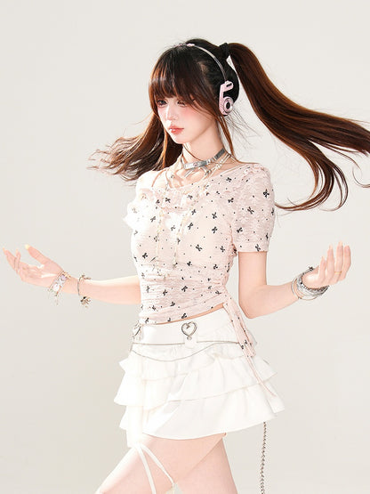 Asymmetrischer Ausschnitt Schleifendruck Kordelzug Halbtransparentes T-Shirt Rosa Taille